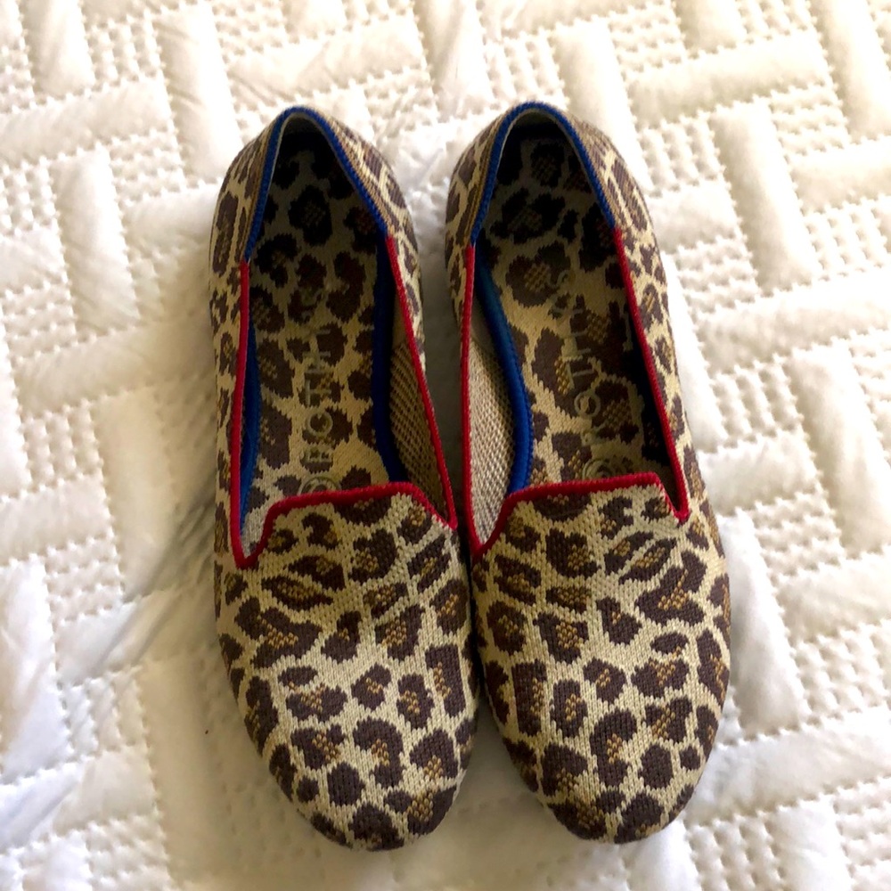 Rothy's Leopard Print Loafers with Red and Blue Accents
